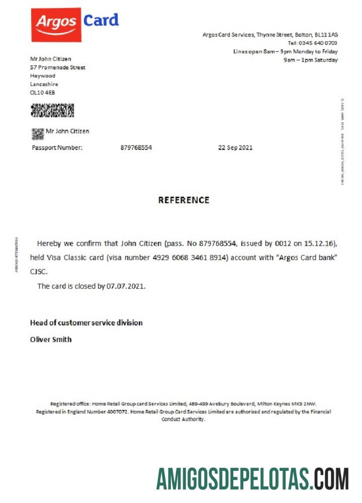 Referência de fechamento do cartão Argos do Reino Unido exemplo real